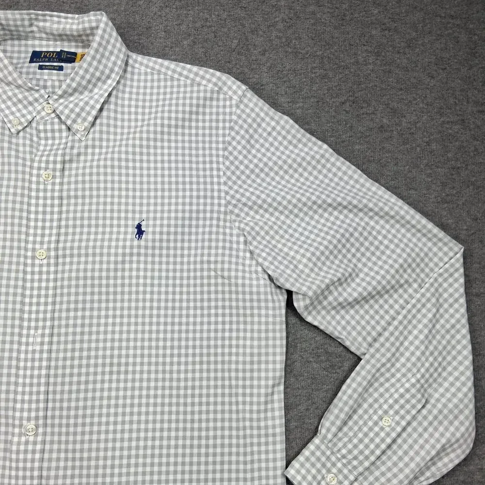 Polo Ralph Lauren Shirt Mens XL Gray Check Classic Fit Long Sleeve Button Up